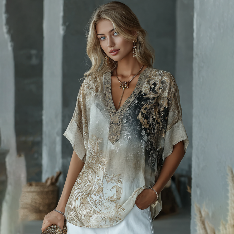 Vintage Marble Texture Collection Bohemia Women Style Gradient Black Gilded Pattern Linen V Neck T-shirt elevenforest