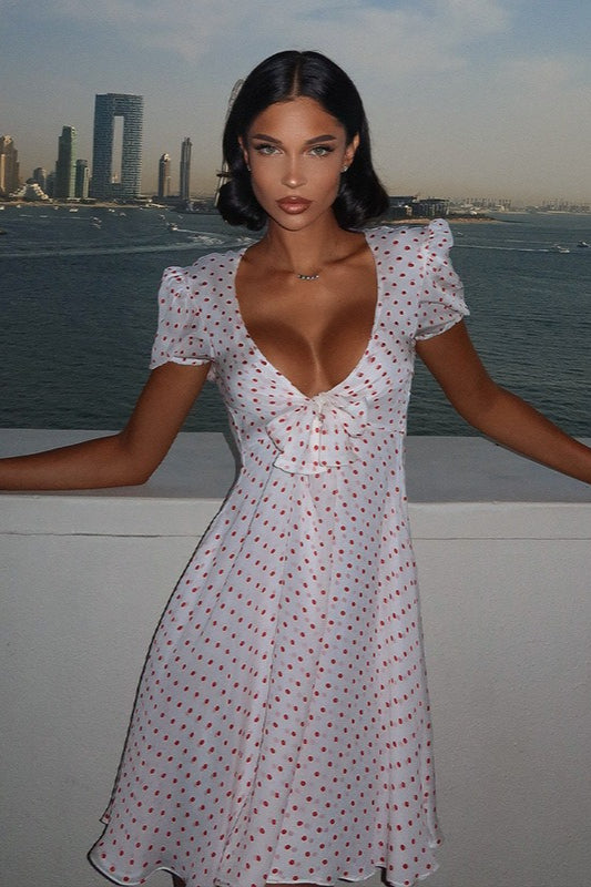 Deep V Puff Sleeve High Waist Polka Dot Mini Dress