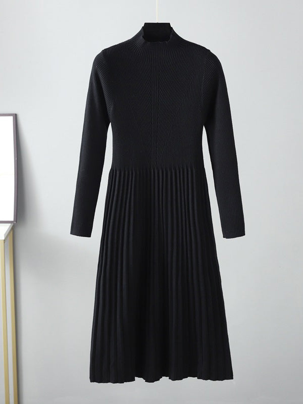 Stylish Long Sleeves High Waisted Pleated Color Half Turtleneck Sweater Dresses