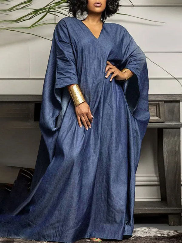 Batwing Sleeves Loose Color Split-joint V-neck Maxi Dresses