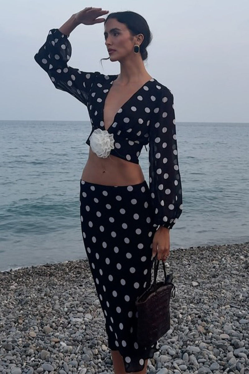Polka Dot V-neck Crop Skirt Two Pieces Set