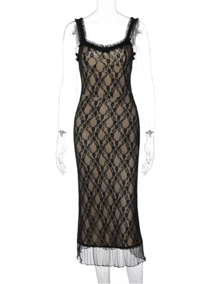 Lace Print Maxi Dress for Spaghetti Strap Sleeveless Backless Bodycon Club Party Long Dress