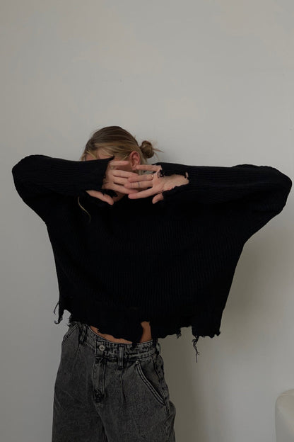 Edgy Distressed Crew Neck Sweater
