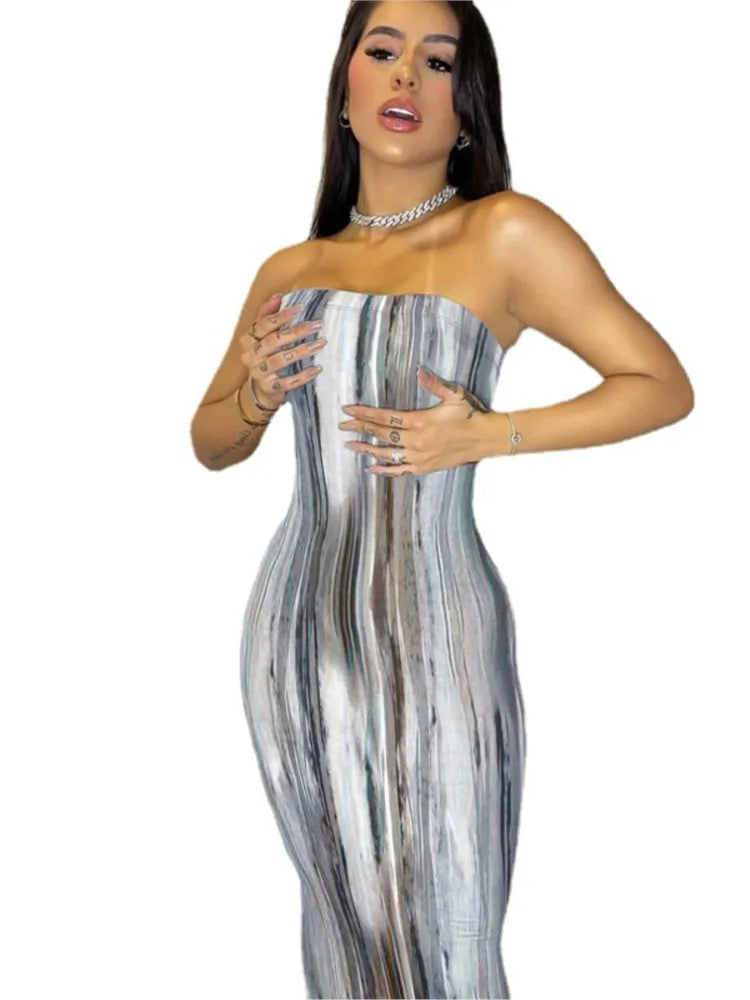 Spring and Summer Dresses for Chest Wrap Printed Off Shoulder Bandage Slim Long Dress New Party Mschuh