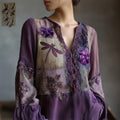 Boho Dragonfly Floral Patchwork Embroidery Women's V-neck Linen Long Sleeve Shirt elevenforest