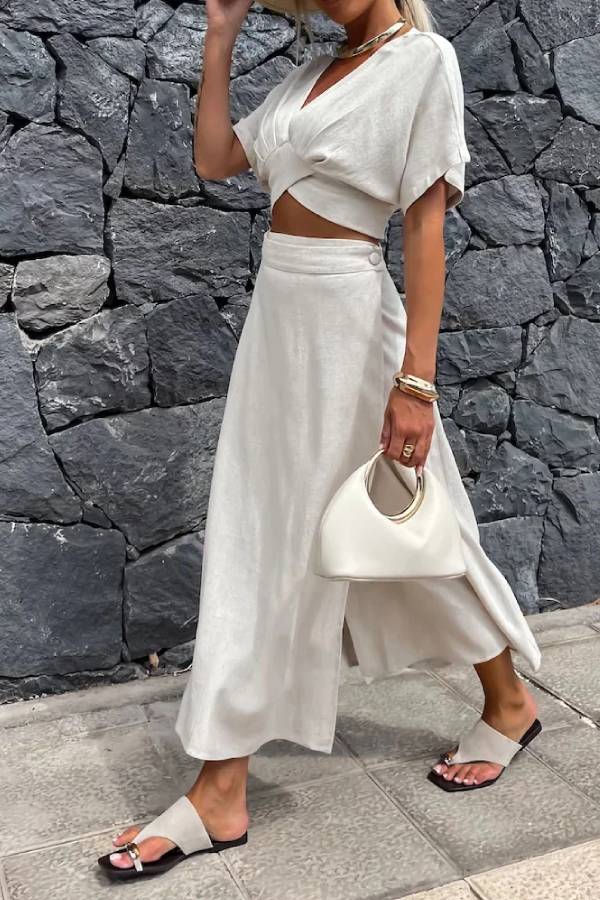 V-neck Top & Skirt Two-piece Set