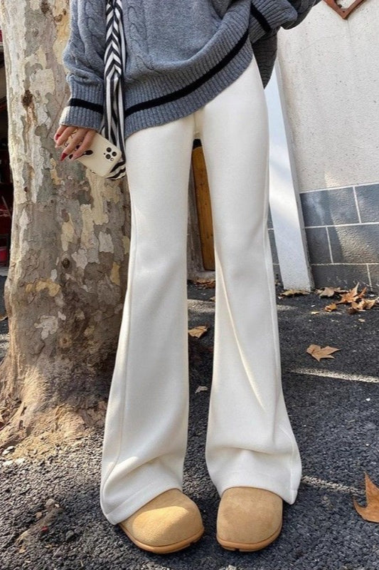 White Plush Flared Knit Pants