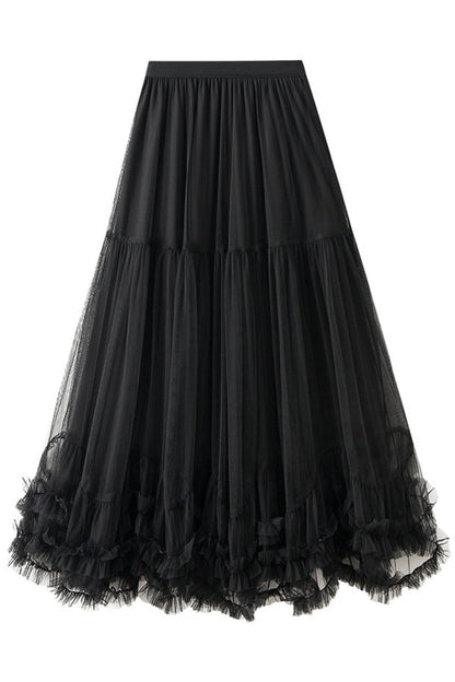 Tulle Stretch Waist Paneled Pleated Maxi Skirt