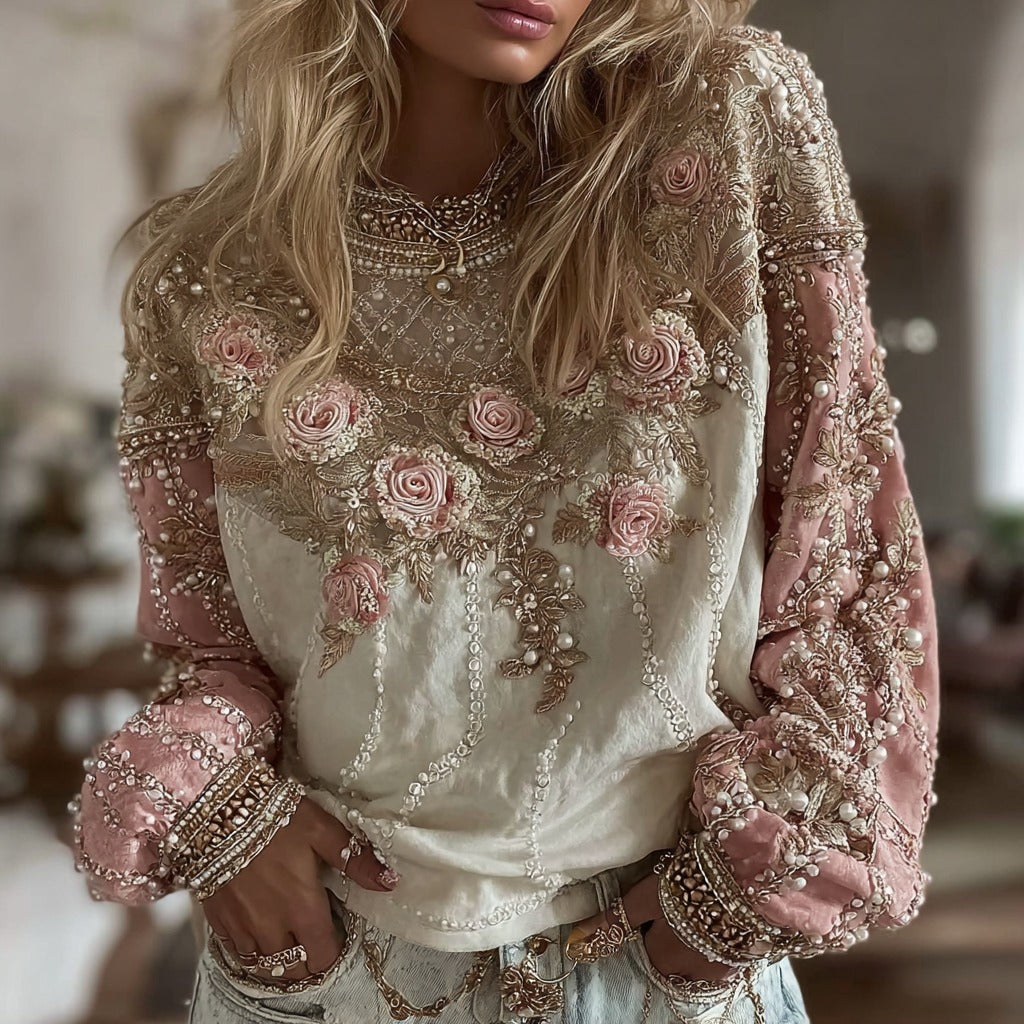 Women's Floral Embroidery Boho Casual Crew Neck Sweatshirt elevenforest