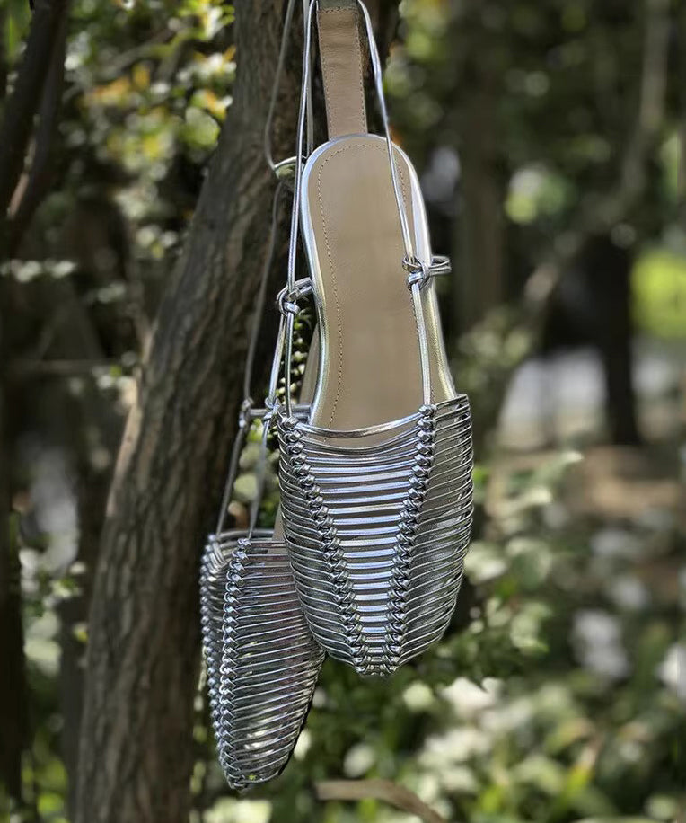 Lace Up Splicing Holiday Flat Sandals Silver Hollow Out