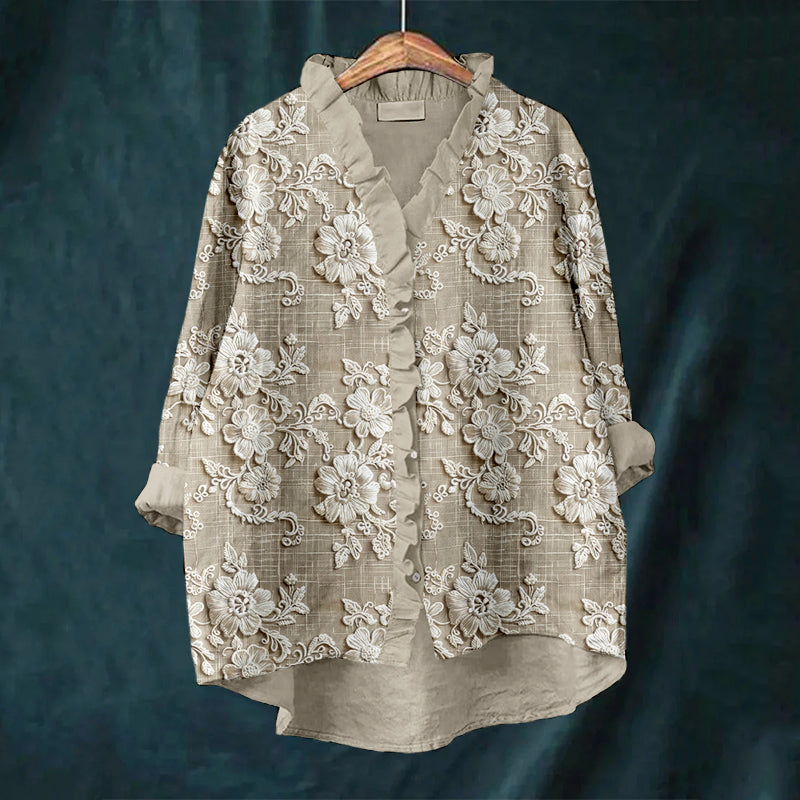 Vintage Floral Lace Embroidered Linen Ruffle Shirt elevenforest