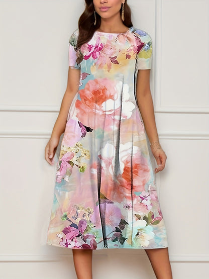 A-line Loose Flower Print Pockets Round-neck Midi Dresses