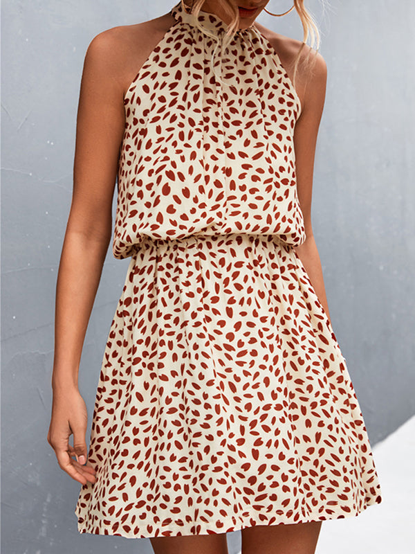 A-line High Waisted Elasticity Leaves Print Pleated Halter-neck Mini Dresses