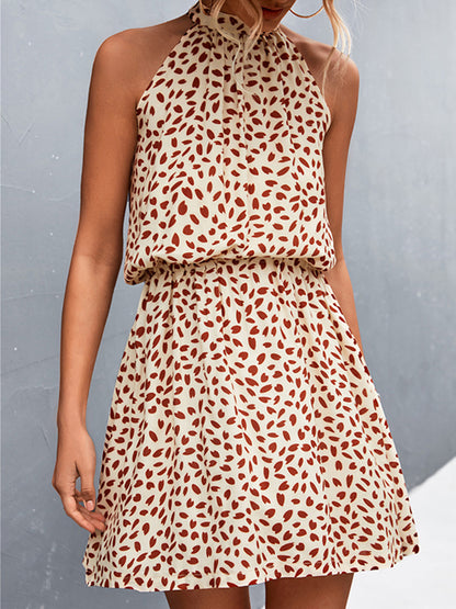 A-line High Waisted Elasticity Leaves Print Pleated Halter-neck Mini Dresses