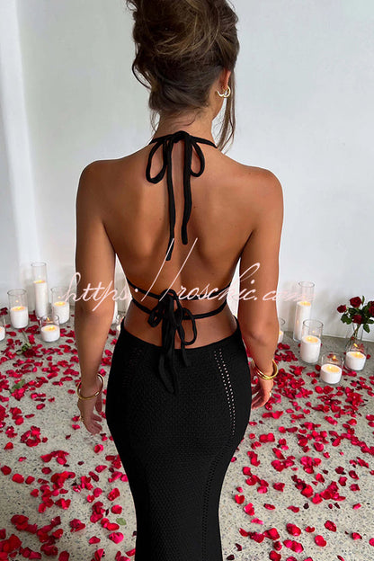 Effortlessly Cool and Knit Crochet Cutout Halter Tie-up Stretch Maxi Dress
