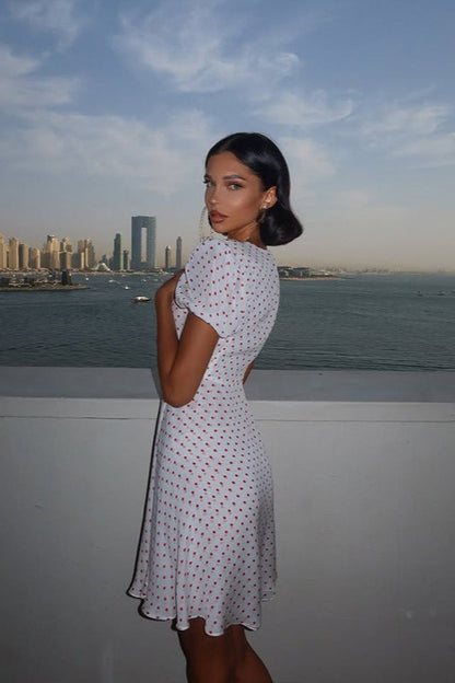 Deep V Puff Sleeve High Waist Polka Dot Mini Dress
