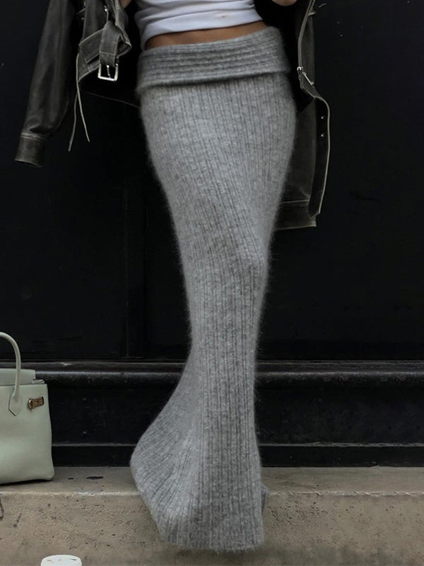 Grey Turned Waist Low Rise Maxi Skirt