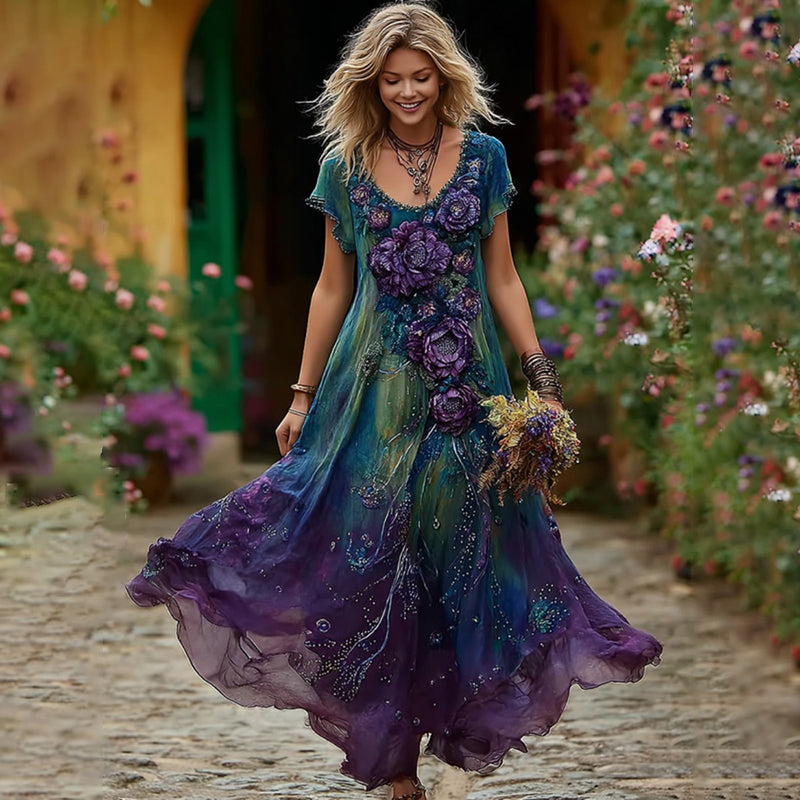 Women's Bohemian Floral Art Gradient Linen Blend Short Sleeve Midi Dress elevenforest