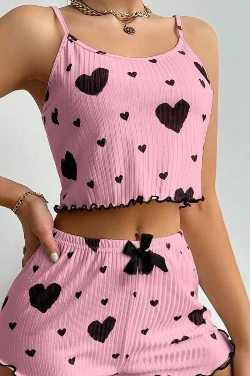 Heart Pattern Ribbed Cami Top Pajama Shorts Set