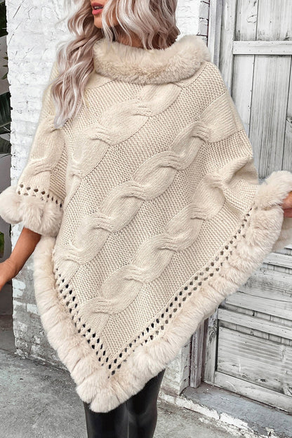 Cable Knit Fleece-collar Poncho Coat