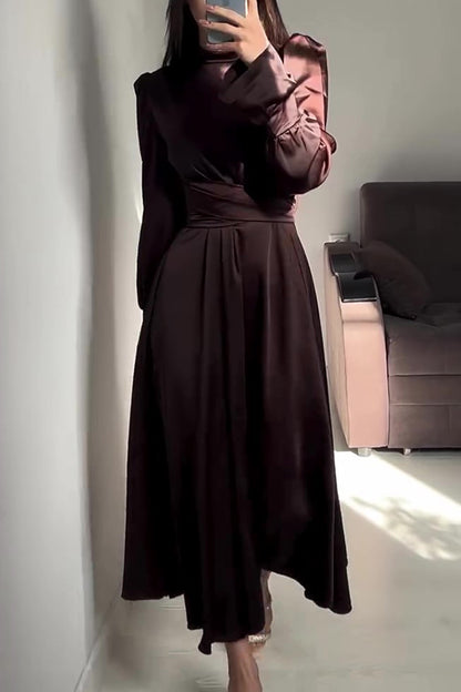 Color Ruffled Sleeves Waisted Tie Slim Fit Maxi Dress