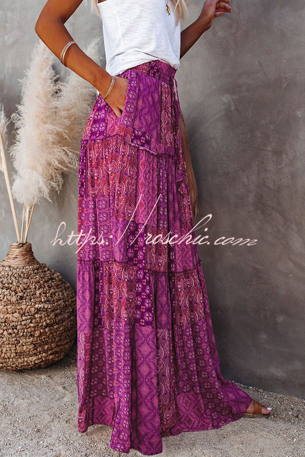 Print Stretch Elastic Waist Pocket High Waist Skirt