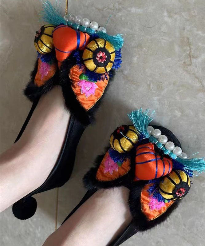 Embroideried Splicing Flat Feet Shoes Black Cotton Fabric