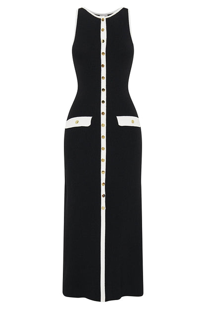 Slim Fit Crew Neck Buttoned Sleeveless Knit Midi Dress