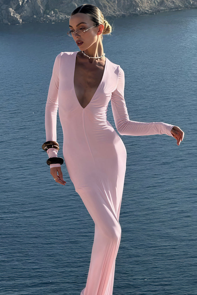 Deep V-neck Long Sleeve Bodycon Maxi Dress