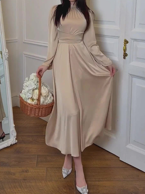 Long Sleeves Loose Pleated Color Tied Waist Mock Neck Maxi Dresses