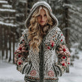 Women's Celtic Knot Christmas Flower Winter Violin Jacquard Zipper Hooded Sweater artswardrobe