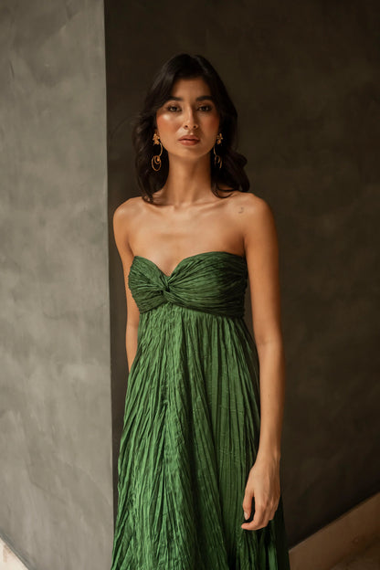 Strapless Pleated Maxi Dress – Emerald Green