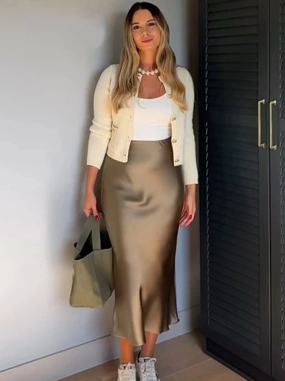 White High Waist Slim Maxi Skirt – Patchwork Summer Long Skirt