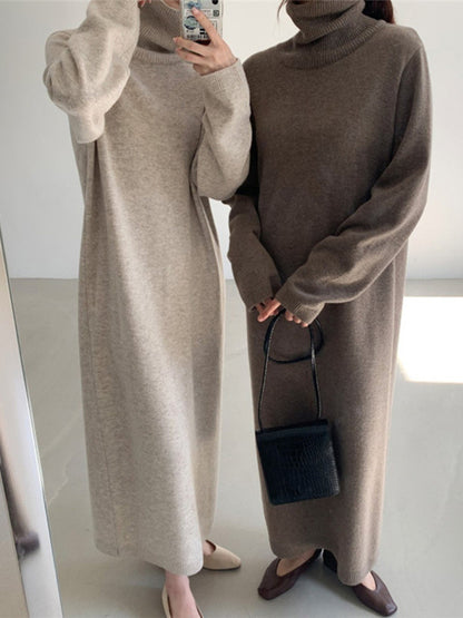Long Sleeves Loose Color High-neck Sweater Dresses
