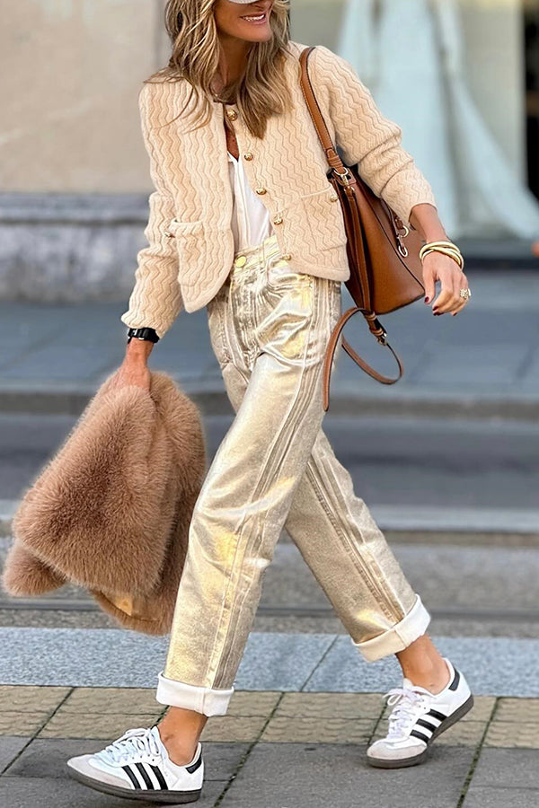 Color V-neck Long-sleeved Loose Pocket Knit Cardigan