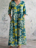 Women's Simple Elegant V Neck Floral Pattern Cotton Fabric Dress with Pockets