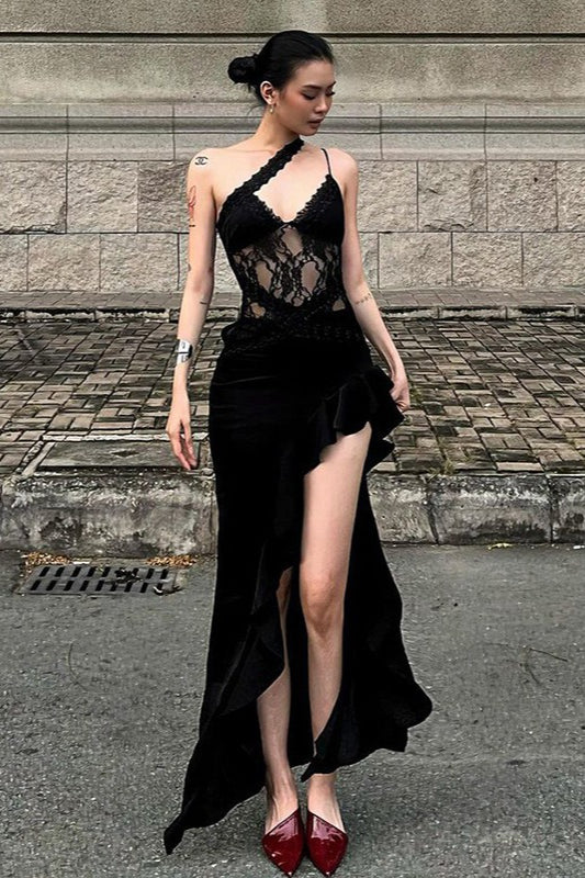 Irregular Lace Patch Sheer Mini Dress