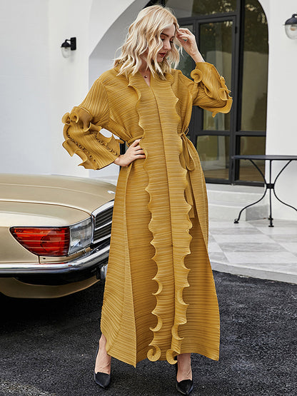Original Loose Long Sleeves Tied Pleated Falbala Color V-neck Maxi Dresses