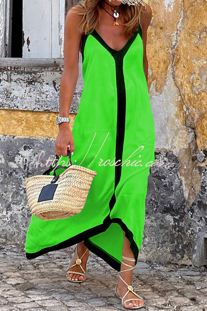 Traveling the Horizon Satin Colorblock Strap Loose Maxi Dress