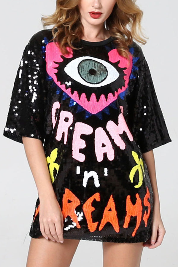 Love Eyes Letters Sequined Round Neck Short Sleeve Mid-length Loose T-shirt