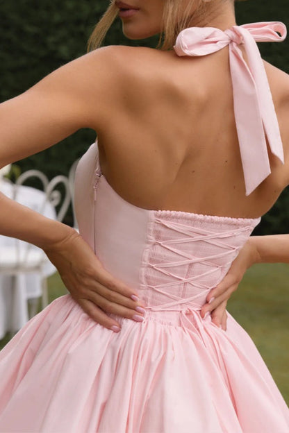 Halter Tie Bow Puffy Hem Mini Dress