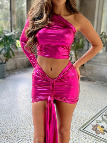 One Shoulder Set Top Wrap Hip Short Skirt Lace Up Spicy Two Piece Set Tight Party Nightclub