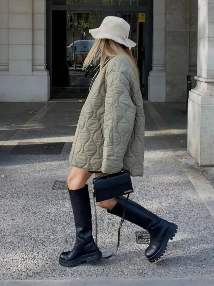Quilted Jackets Spring Autumn O-neck Single Breasted Pocket Coats Female Long Sleeve Lady Outerwear