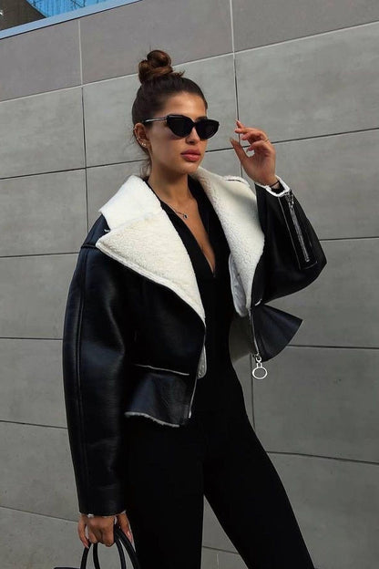 Odd Zip Leather Fur Pieced Coat