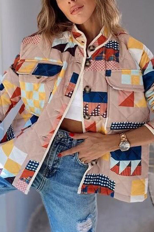 Geometric Print Stand Collar Quilted Cotton Coat