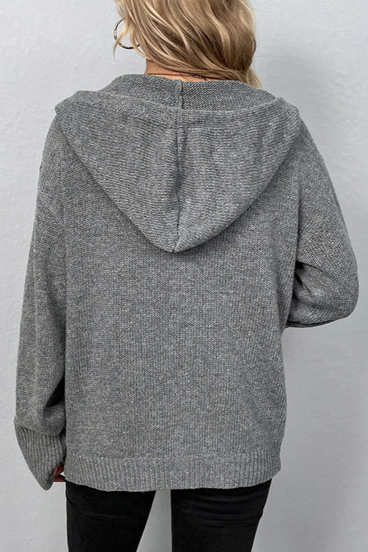 Color Hooded Button Drawstring Knit Cardigan