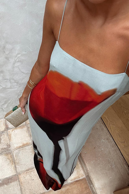 Passionate Wine Glass Flower Abstract Tulip Print H-shaped Long Dress