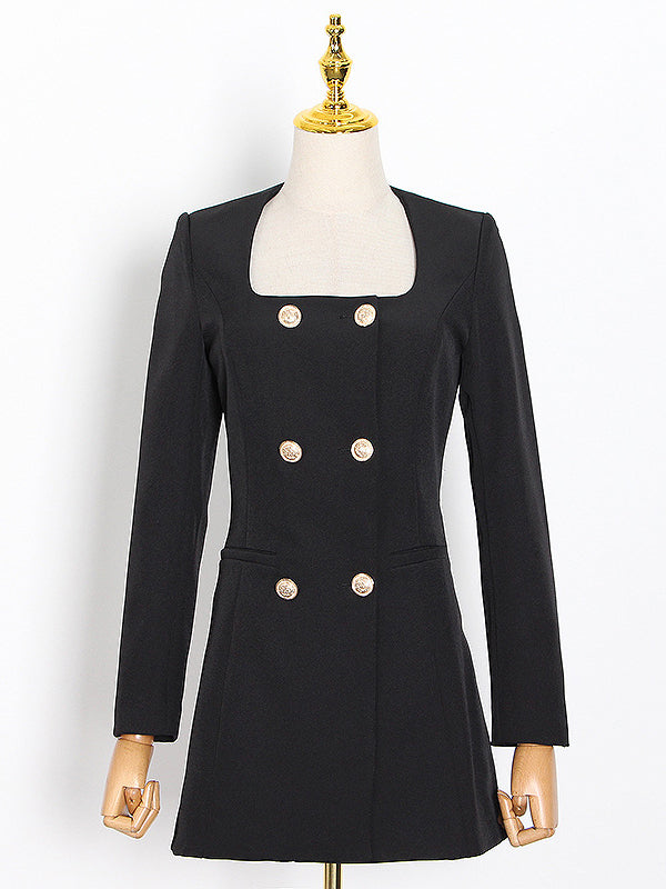 A-line High Waisted Buttoned Pockets Shoulder Pad Square-neck Blazer Mini Dresses