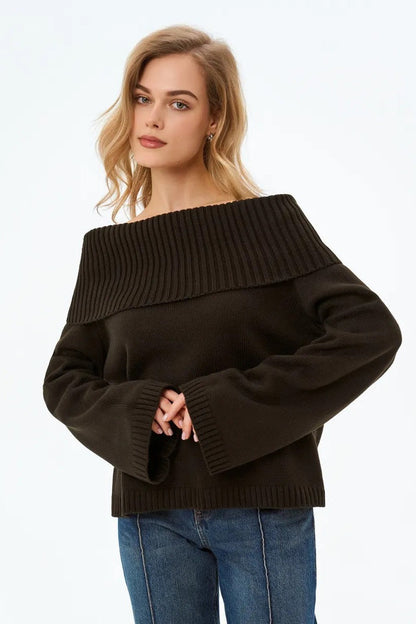 Color Off Shoulder Knitted Sweater