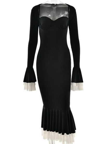 Long Flared Sleeve Elastic Tight Two-piece Set Autumn/winter New Party Club Evening Dress